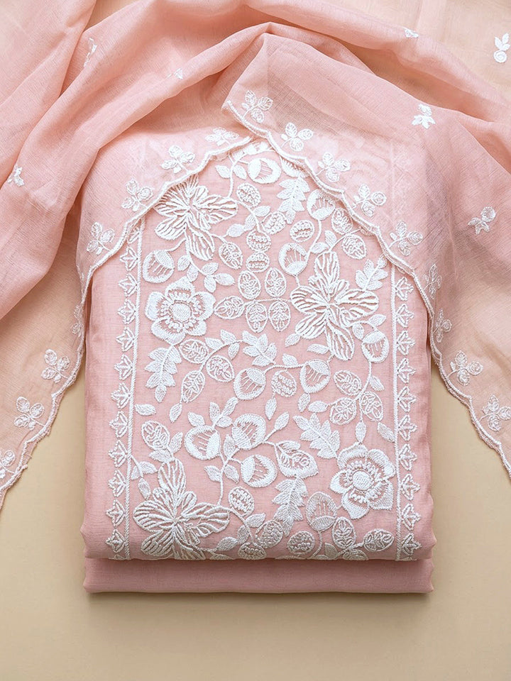 Peach Chanderi Embroidered Unstitched Dress Material