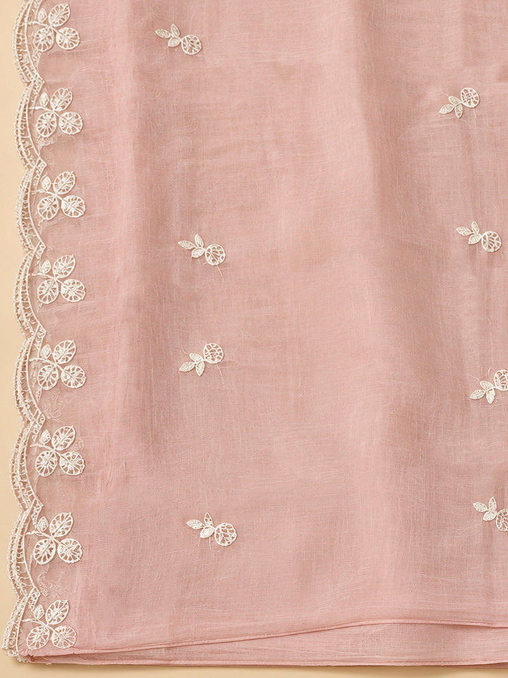 Peach Chanderi Embroidered Unstitched Dress Material