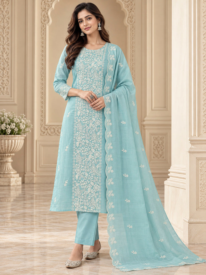 Sky Blue Chanderi Embroidered Unstitched Dress Material