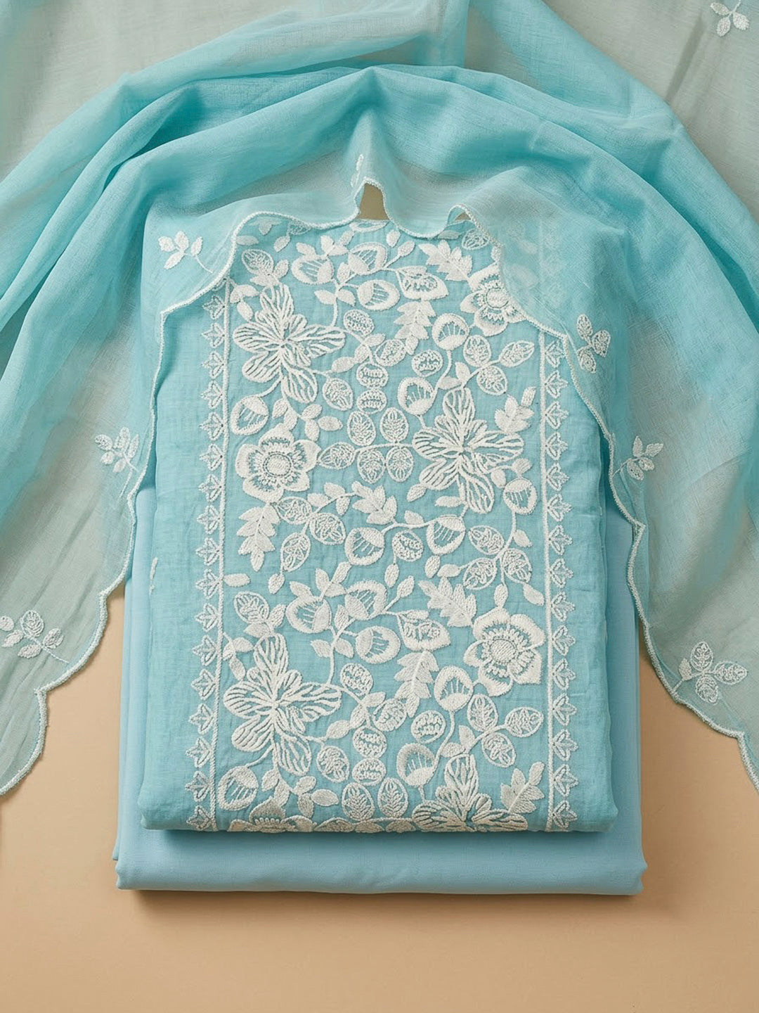 Sky Blue Chanderi Embroidered Unstitched Dress Material