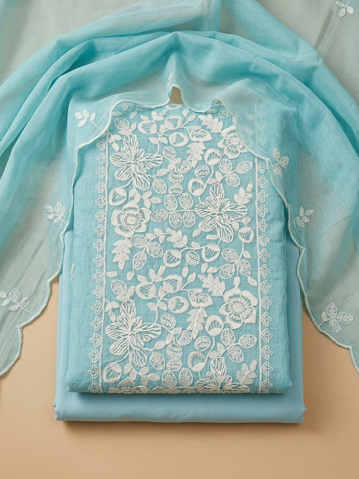 Sky Blue Chanderi Embroidered Unstitched Dress Material