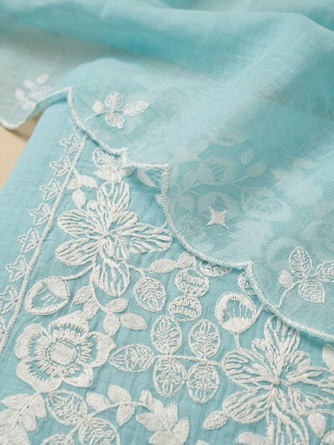 Sky Blue Chanderi Embroidered Unstitched Dress Material