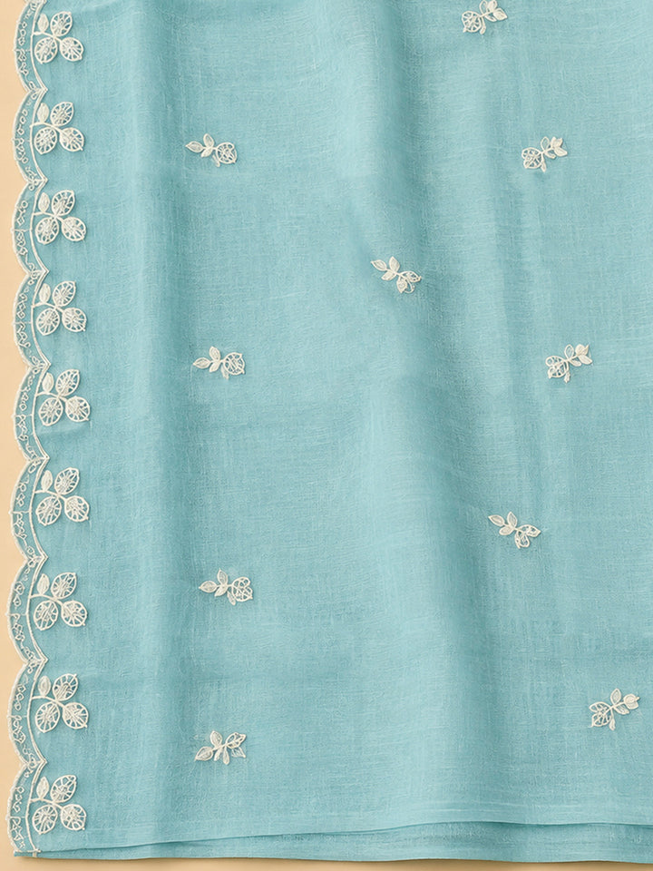 Sky Blue Chanderi Embroidered Unstitched Dress Material
