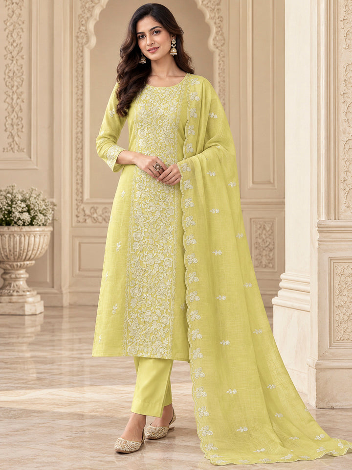 Yellow Chanderi Embroidered Unstitched Dress Material