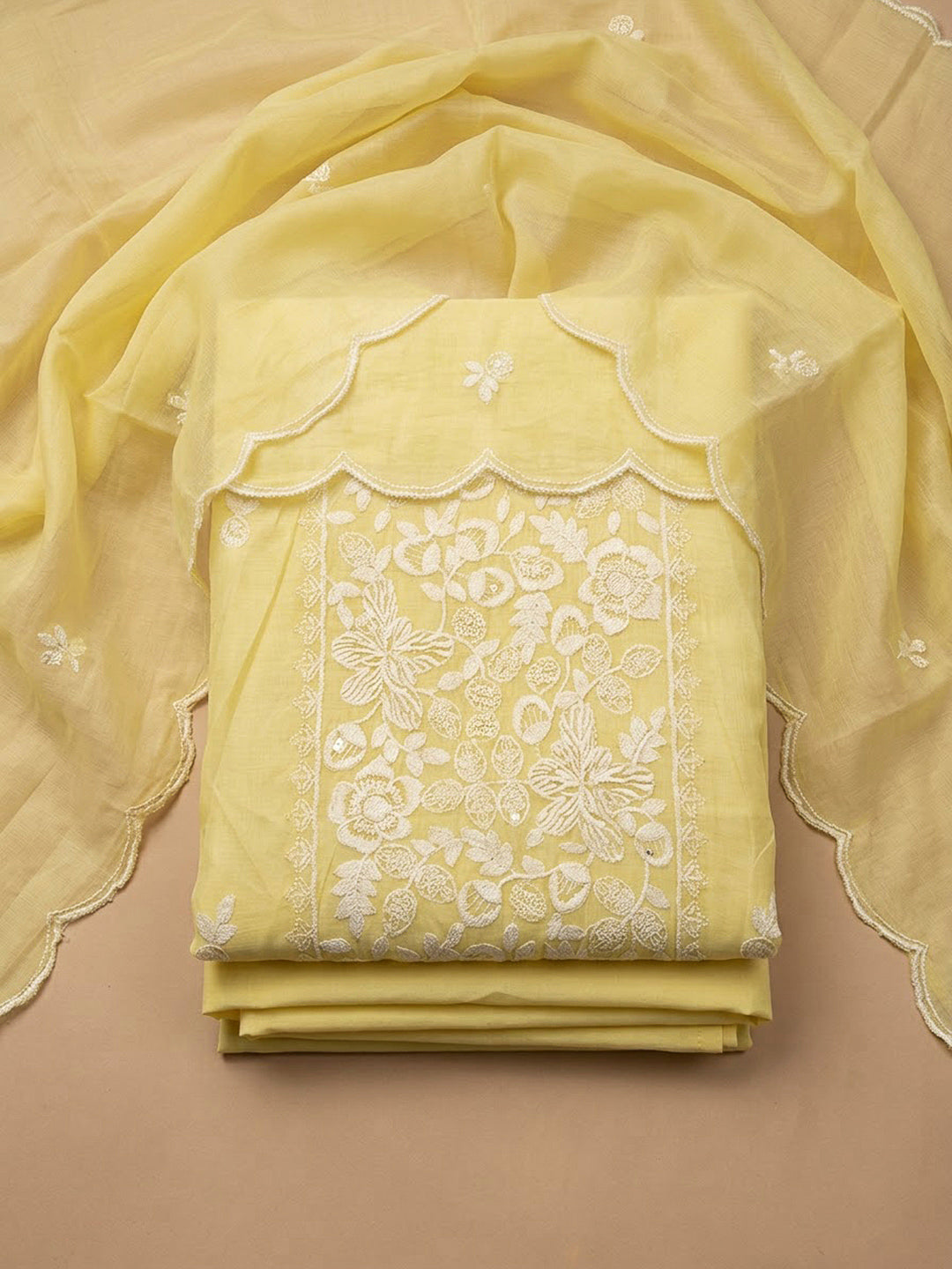Yellow Chanderi Embroidered Unstitched Dress Material