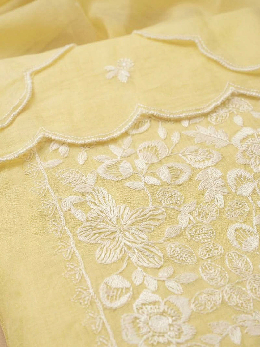 Yellow Chanderi Embroidered Unstitched Dress Material