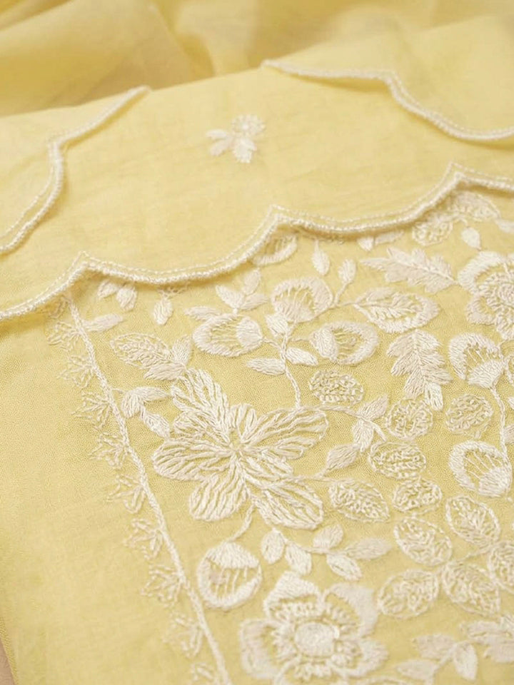 Yellow Chanderi Embroidered Unstitched Dress Material