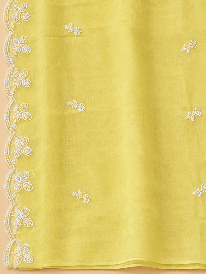 Yellow Chanderi Embroidered Unstitched Dress Material