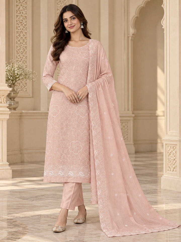 Peach Chanderi Embroidered Unstitched Dress Material