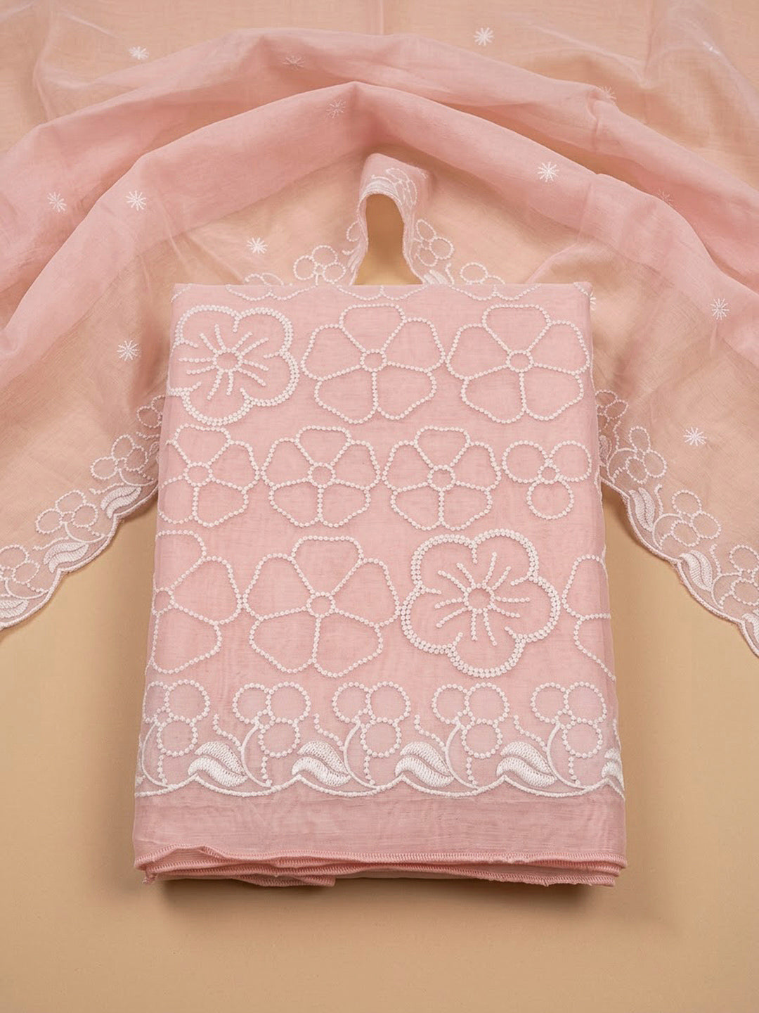 Peach Chanderi Embroidered Unstitched Dress Material