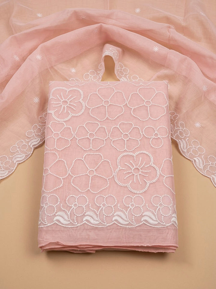 Peach Chanderi Embroidered Unstitched Dress Material