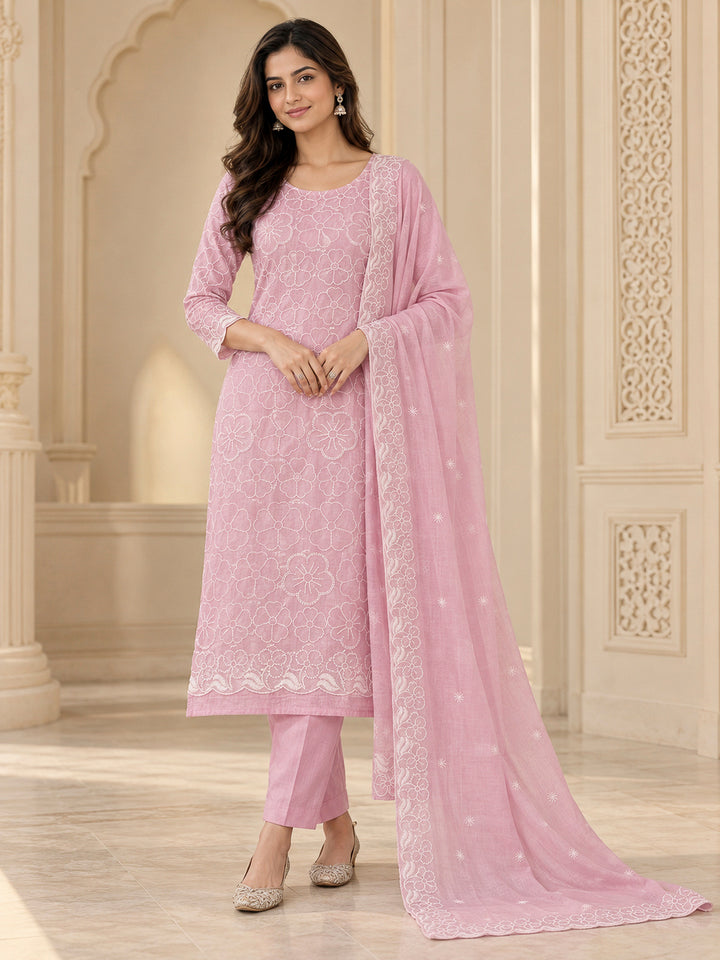 Pink Chanderi Embroidered Unstitched Dress Material
