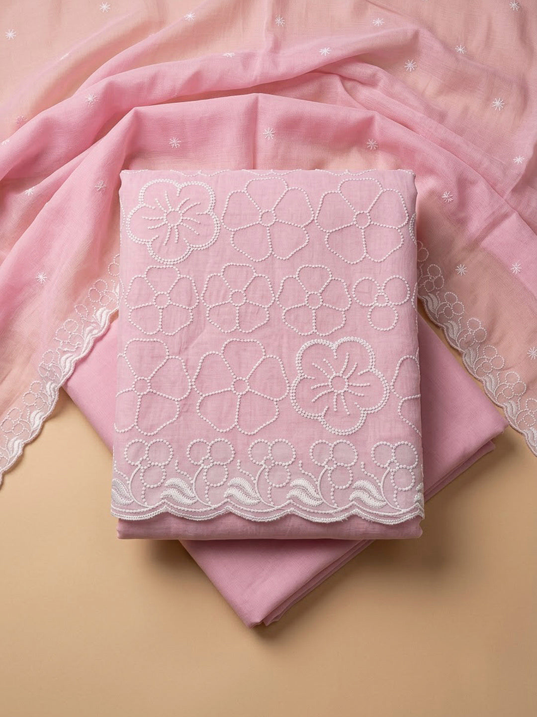 Pink Chanderi Embroidered Unstitched Dress Material