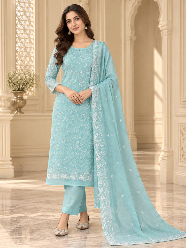 Sky Blue Chanderi Embroidered Unstitched Dress Material