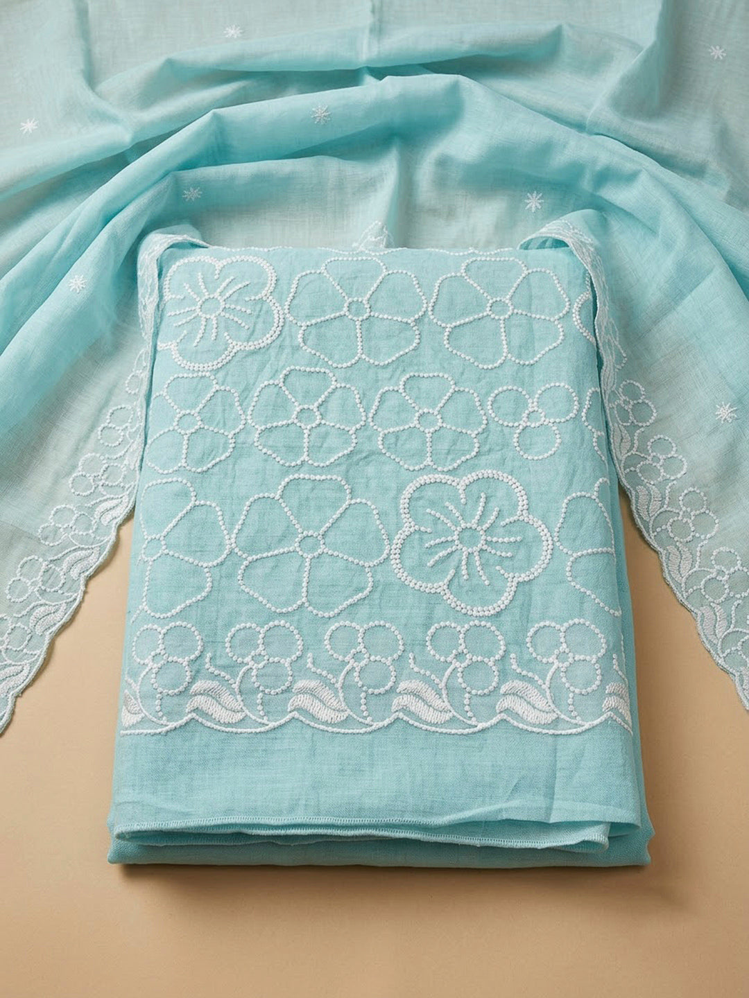 Sky Blue Chanderi Embroidered Unstitched Dress Material