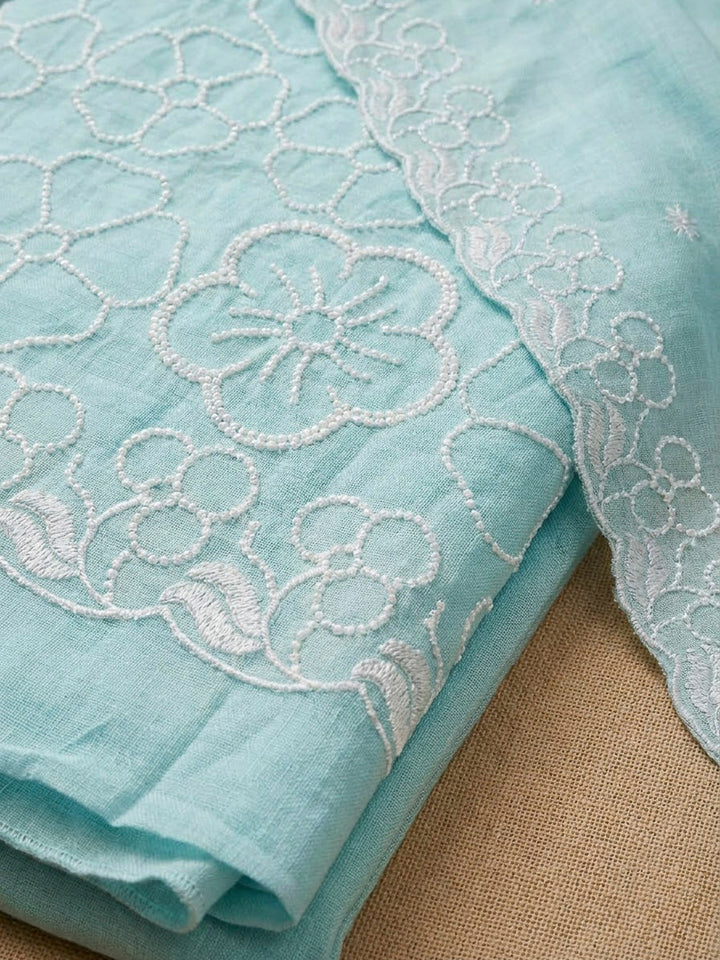Sky Blue Chanderi Embroidered Unstitched Dress Material