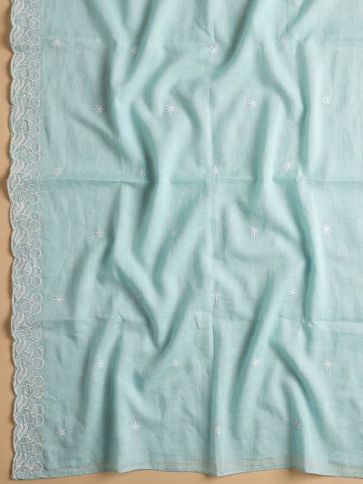 Sky Blue Chanderi Embroidered Unstitched Dress Material