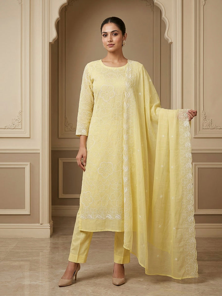 Yellow Chanderi Embroidered Unstitched Dress Material