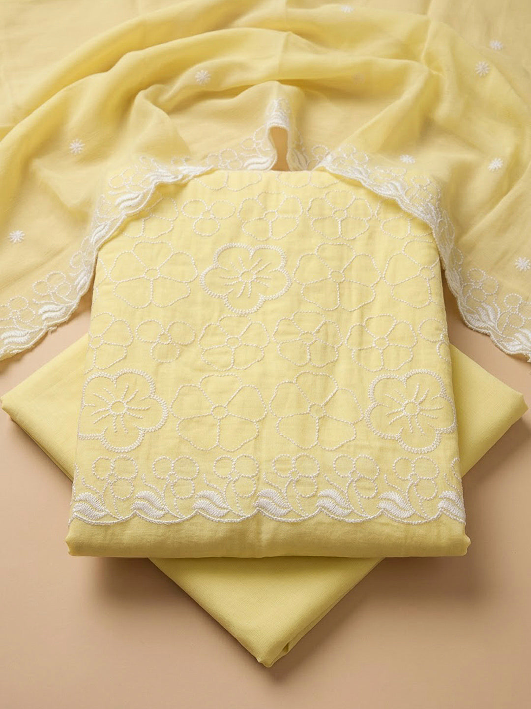 Yellow Chanderi Embroidered Unstitched Dress Material