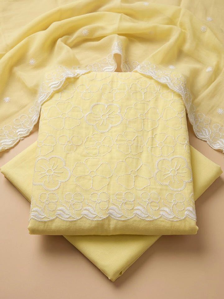 Yellow Chanderi Embroidered Unstitched Dress Material