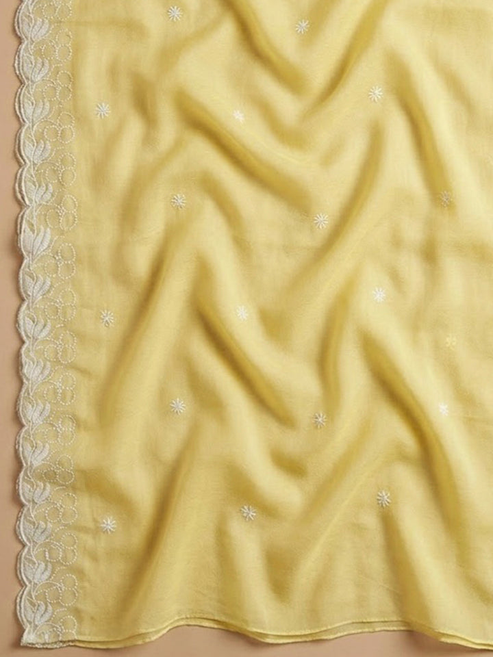 Yellow Chanderi Embroidered Unstitched Dress Material