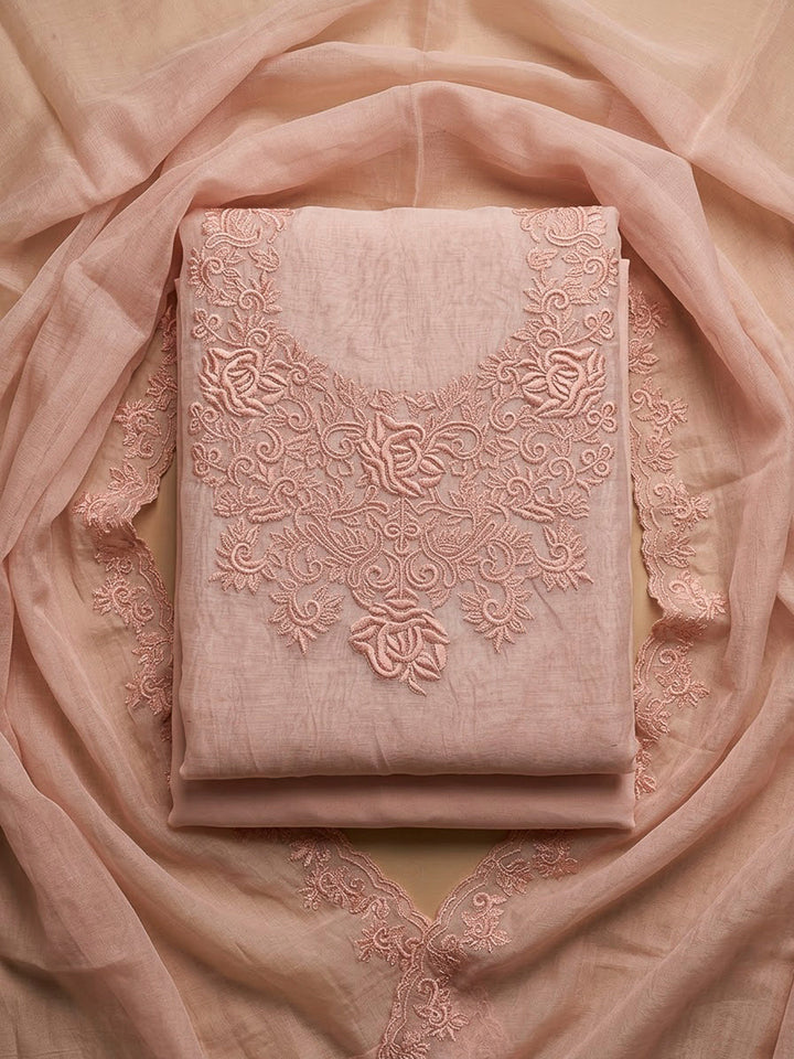 Peach Chanderi Embroidered Unstitched Dress Material