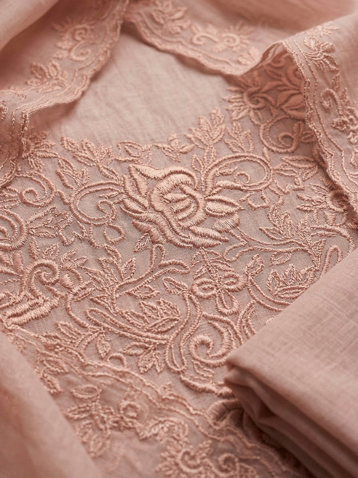 Peach Chanderi Embroidered Unstitched Dress Material