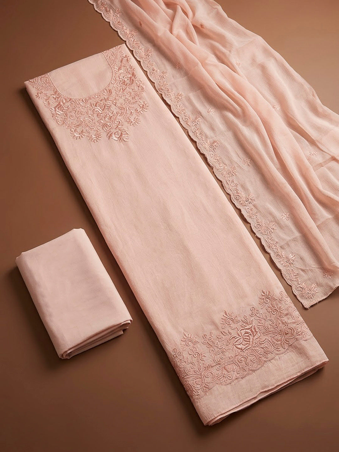 Peach Chanderi Embroidered Unstitched Dress Material