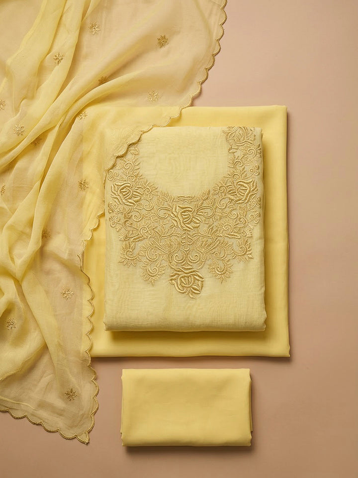 Yellow Chanderi Embroidered Unstitched Dress Material