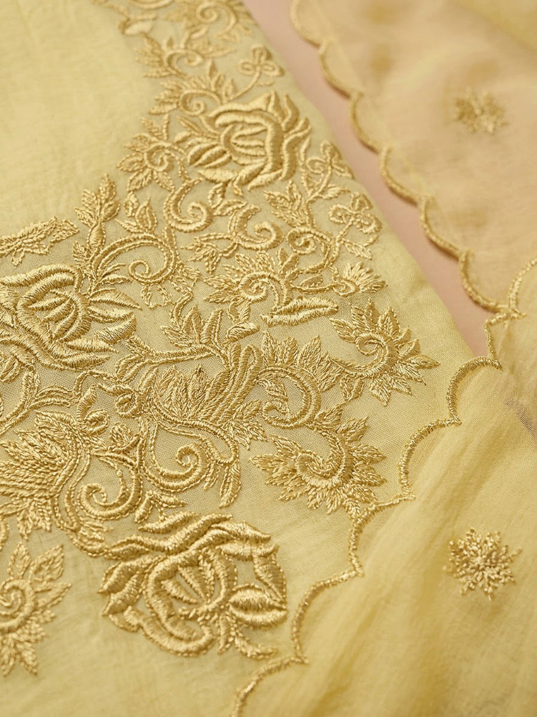 Yellow Chanderi Embroidered Unstitched Dress Material