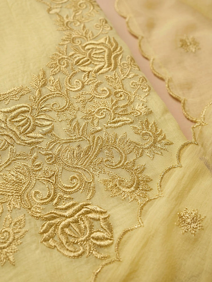 Yellow Chanderi Embroidered Unstitched Dress Material