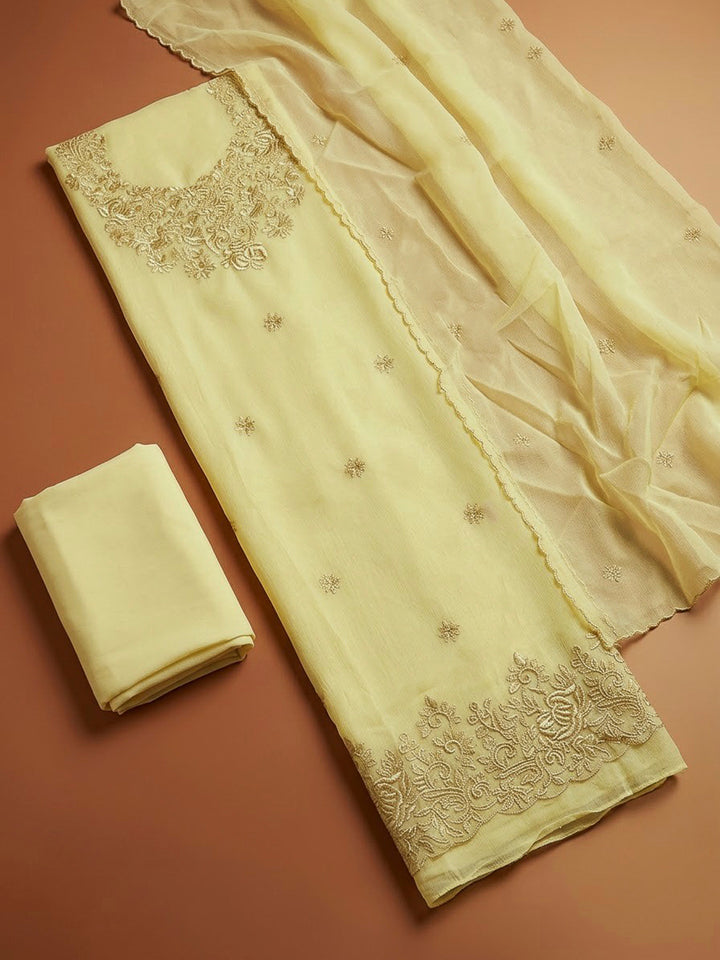 Yellow Chanderi Embroidered Unstitched Dress Material