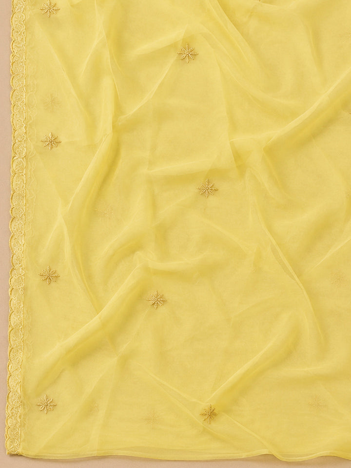 Yellow Chanderi Embroidered Unstitched Dress Material