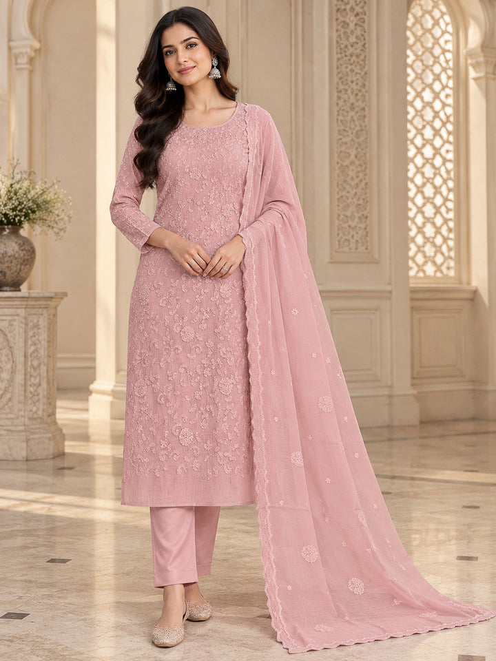 Peach Chanderi Embroidered Unstitched Dress Material
