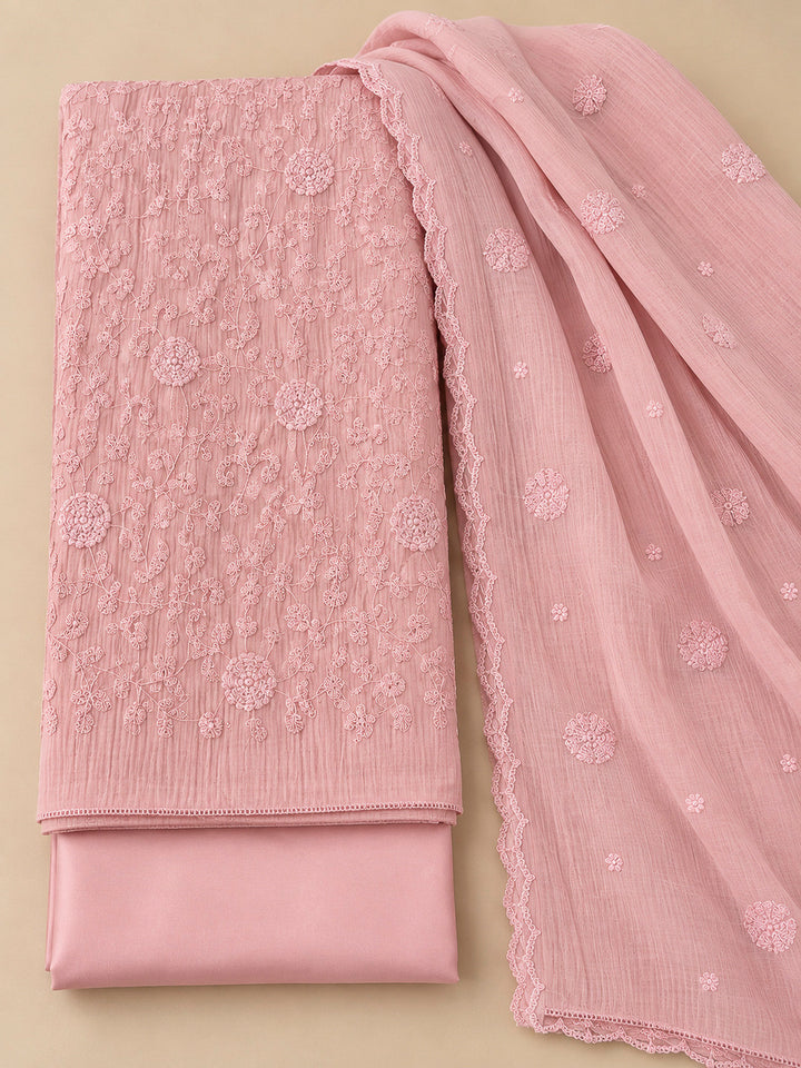 Peach Chanderi Embroidered Unstitched Dress Material
