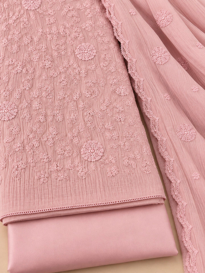 Peach Chanderi Embroidered Unstitched Dress Material