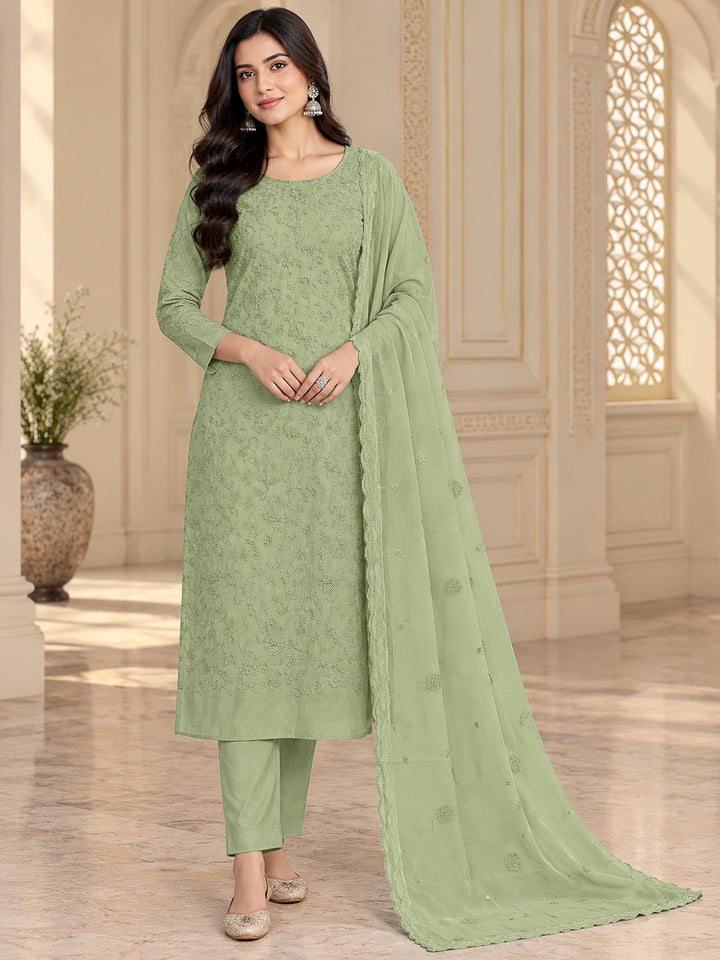 Pista Green Chanderi Embroidered Unstitched Dress Material