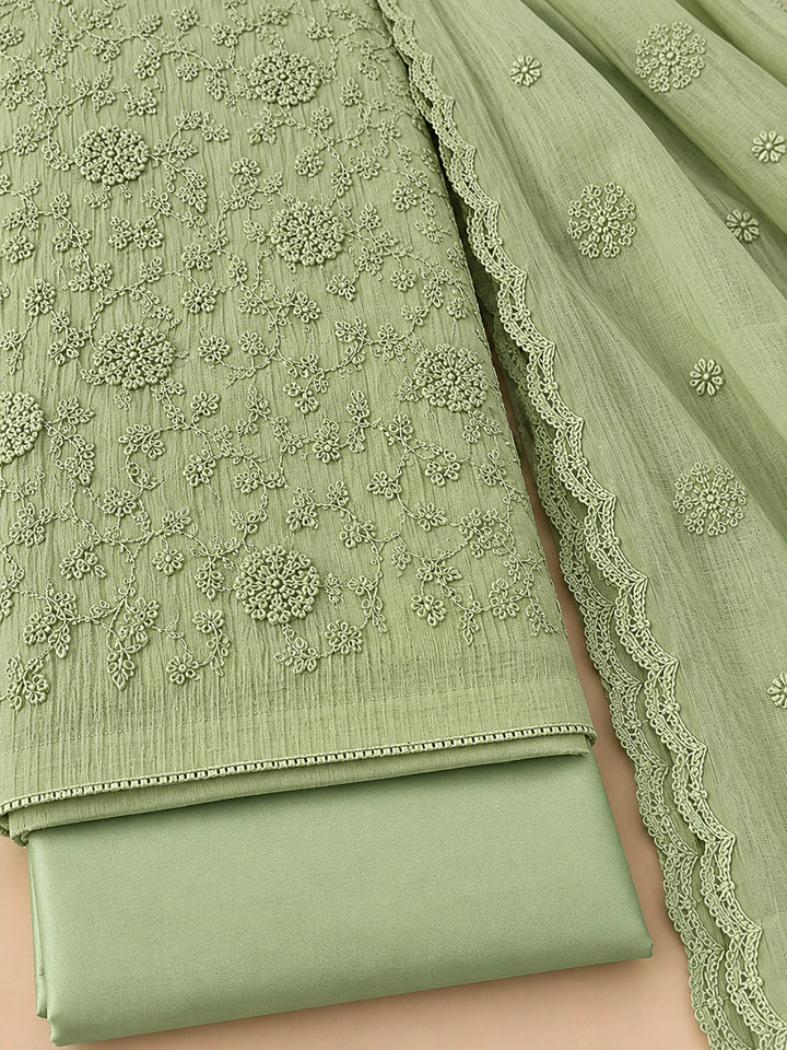 Pista Green Chanderi Embroidered Unstitched Dress Material