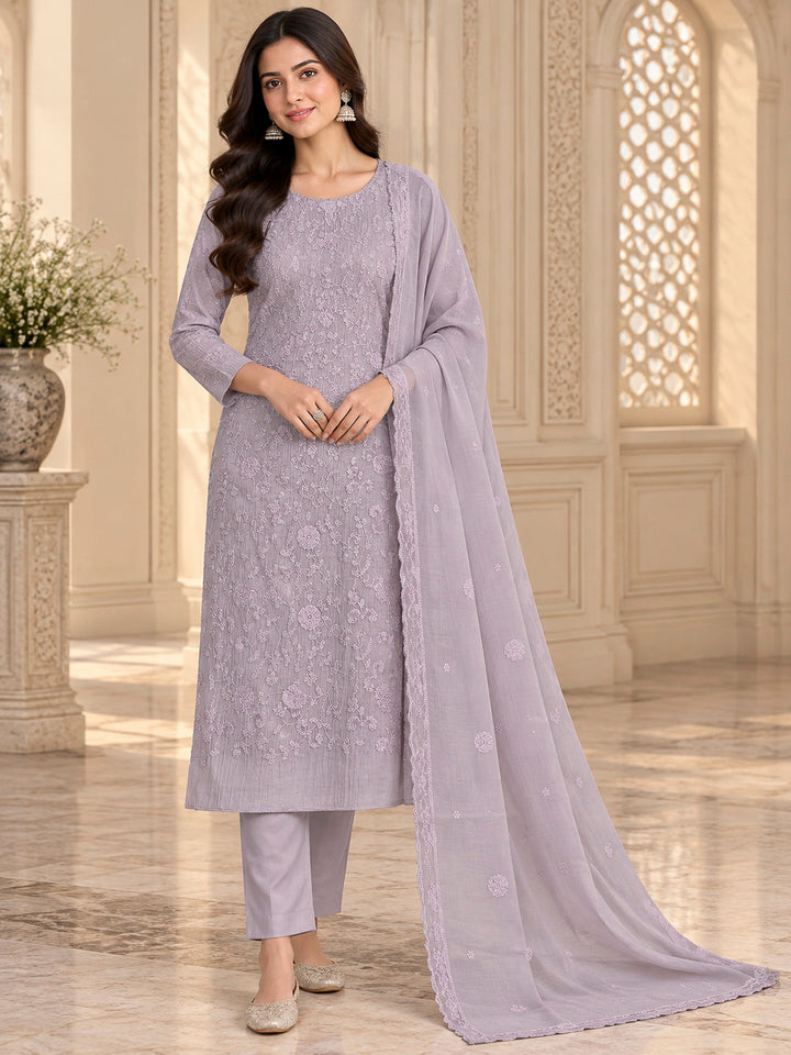 Purple Chanderi Embroidered Unstitched Dress Material