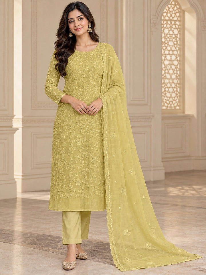 Yellow Chanderi Embroidered Unstitched Dress Material