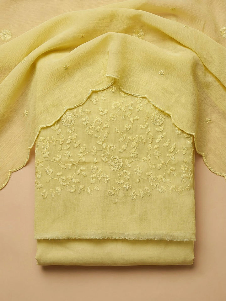 Yellow Chanderi Embroidered Unstitched Dress Material