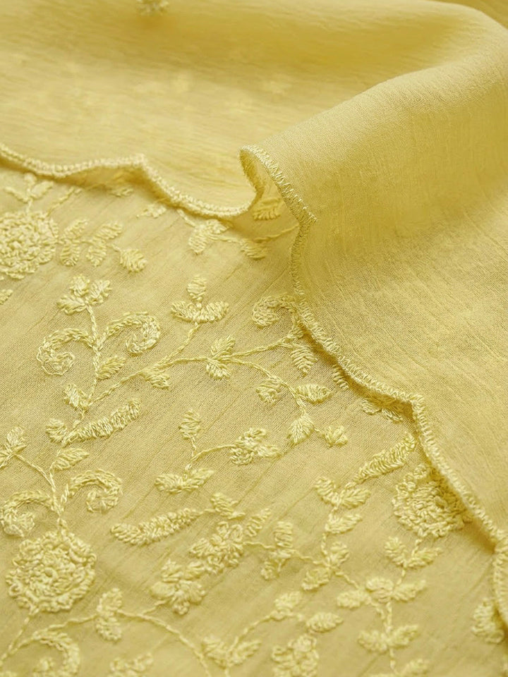 Yellow Chanderi Embroidered Unstitched Dress Material