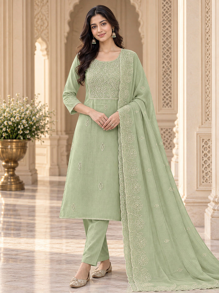 Pista Green Chanderi Embroidered Unstitched Dress Material