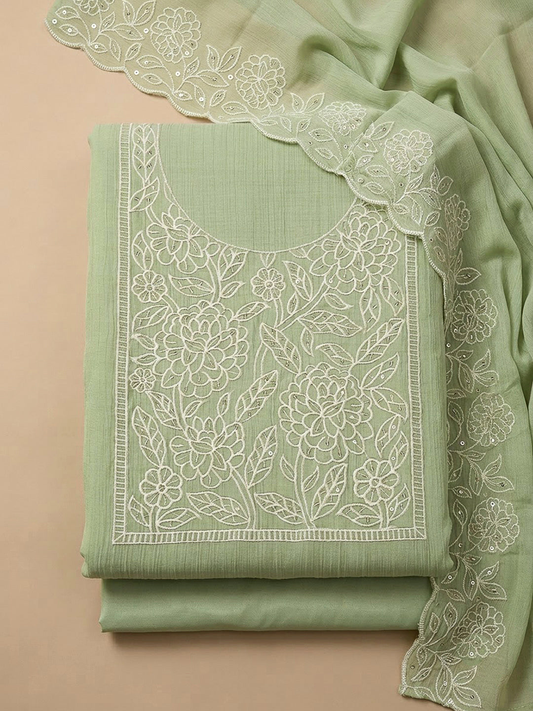 Pista Green Chanderi Embroidered Unstitched Dress Material