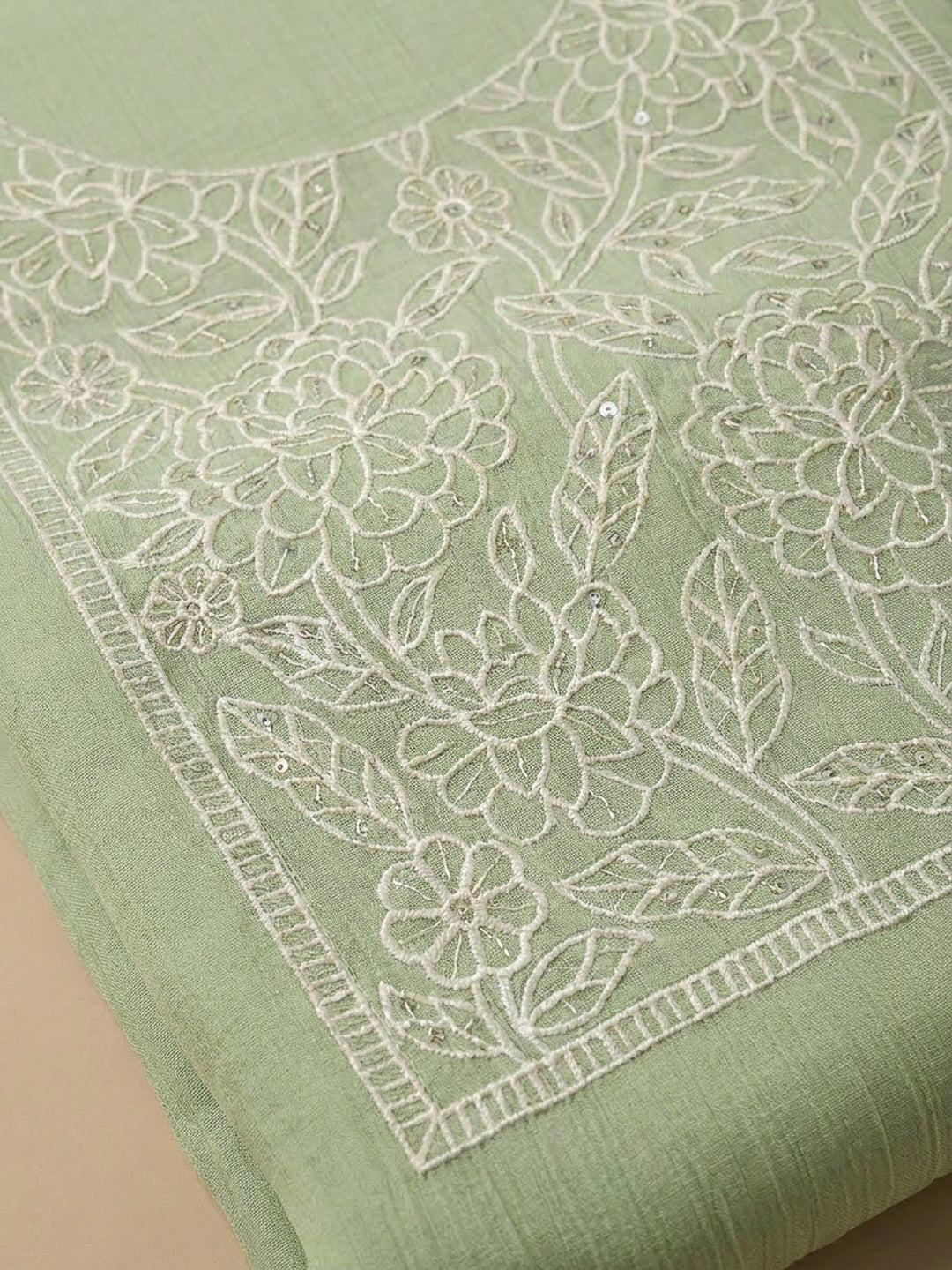 Pista Green Chanderi Embroidered Unstitched Dress Material