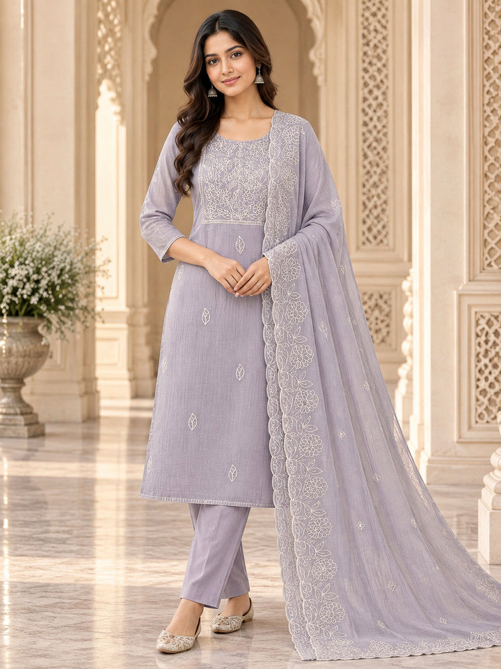 Purple Chanderi Embroidered Unstitched Dress Material