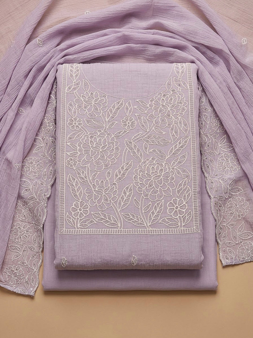 Purple Chanderi Embroidered Unstitched Dress Material