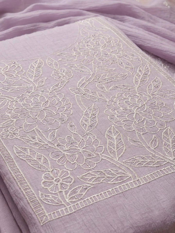 Purple Chanderi Embroidered Unstitched Dress Material
