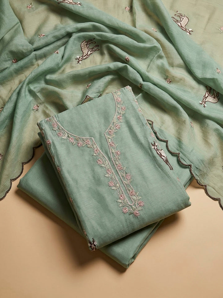 Aqua Green Chanderi Embroidered Unstitched Dress Material