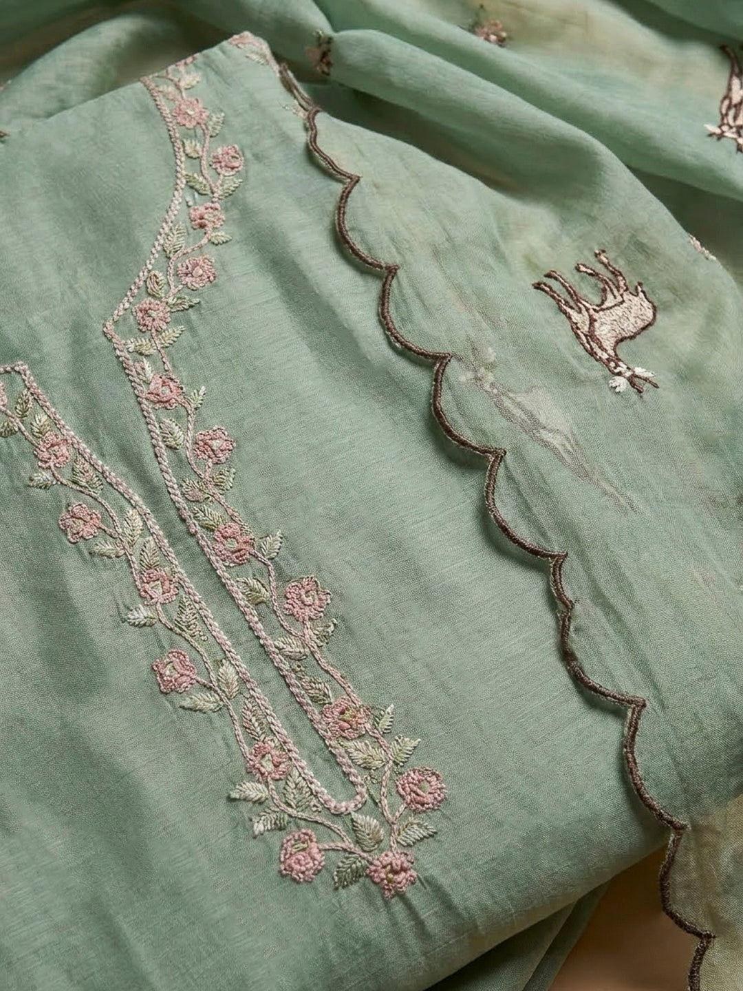 Aqua Green Chanderi Embroidered Unstitched Dress Material